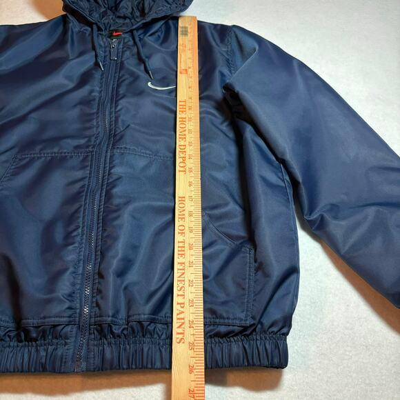 Vintage 90s NIKE Women's Size Medium Full Zip Puffer Jacket Navy Blue Spell Out - Picture 2 of 9